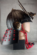 Samurai Kabuto Helmet – Black with Bronze Dragon Crest and Red Cord, with Menpo or Somen Face Mask