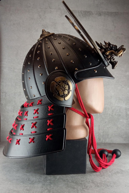 Samurai Kabuto Helmet – Black with Bronze Dragon Crest and Red Cord, with Menpo or Somen Face Mask