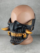 Wearable Samurai Half Mask – Black &amp; Gold with Cracks and Large Golden Fangs
