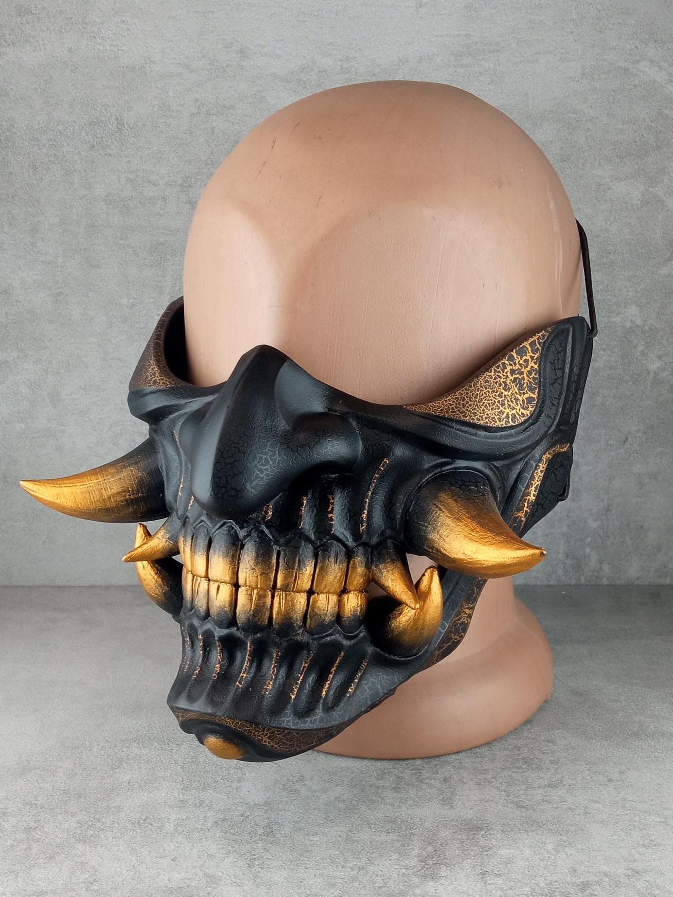 Wearable Samurai Half Mask – Black &amp; Gold with Cracks and Large Golden Fangs