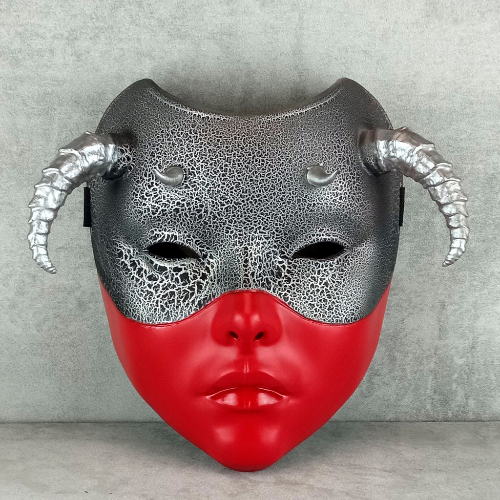 Red and Silver Geisha Witch Mask with Silver Horns