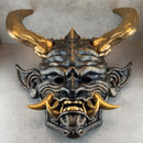 Unique Oni Demon Mask with Large Bronze Horns – Handmade Japanese-Inspired Collectible