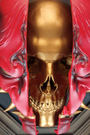 3D Wall Art | Octagonal Frame Hannya Mask Cracked in Half | Red Japanese Demon Mask with Gold Horns, Fangs & Skull Inside | Oni Home Decor
