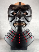 Samurai Kabuto Helmet – Black with Bronze Dragon Crest and Red Cord, with Menpo or Somen Face Mask