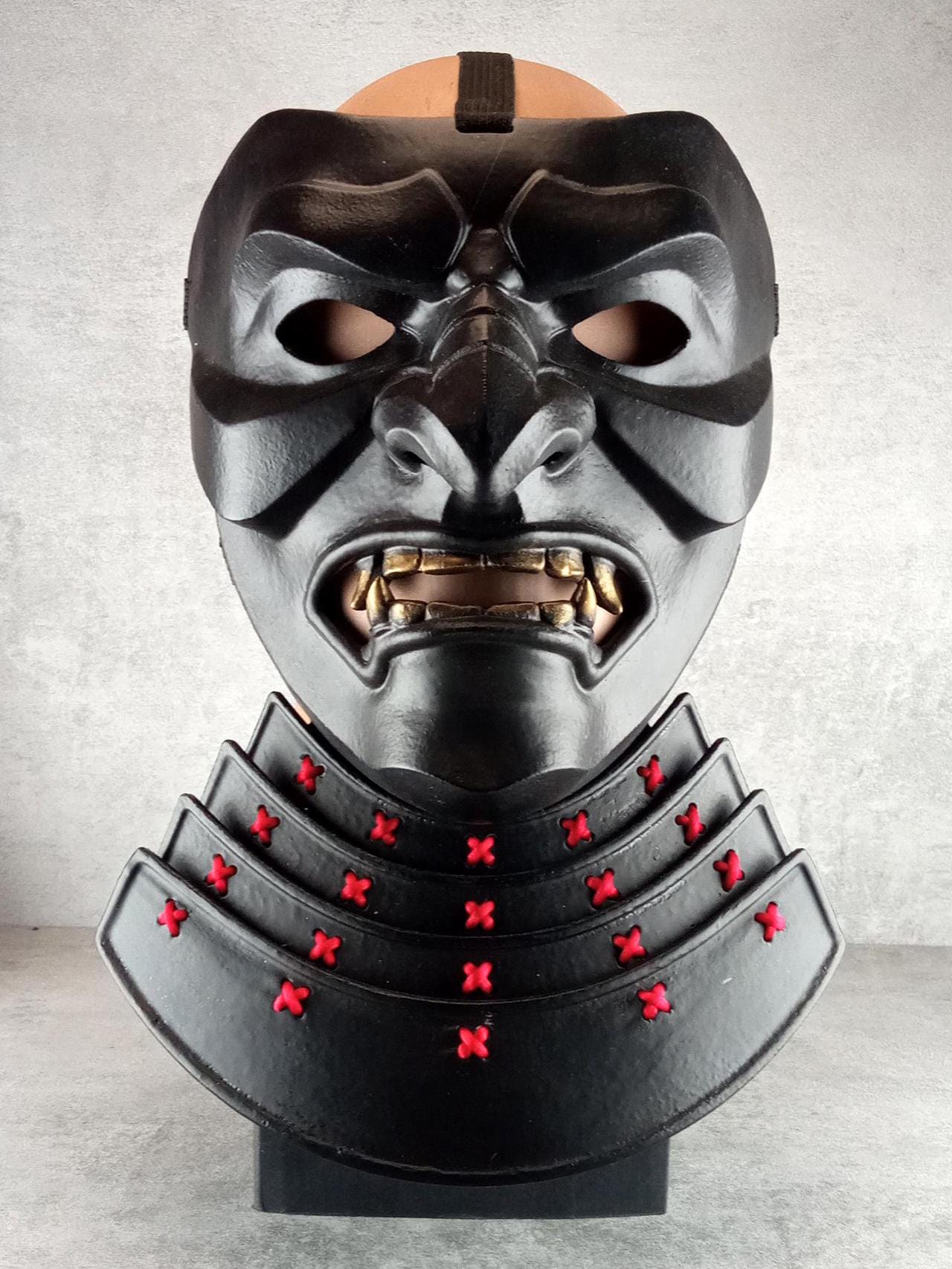 Samurai Kabuto Helmet – Black with Bronze Dragon Crest and Red Cord, with Menpo or Somen Face Mask