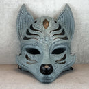 Gray Kitsune Half Mask with Black Cracks and Decorative Elements – Japanese Fox Spirit (Ōkami) Cosplay Mask