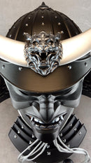 Samurai Kabuto Helmet – Black with Silver Crescent and Oni Tiger Crest | With Half-Mask or Full Somen