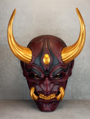 Traditional Japanese Hannya Mask – Cherry Red with Cracks, Large Golden Horns, Fangs & Eyes