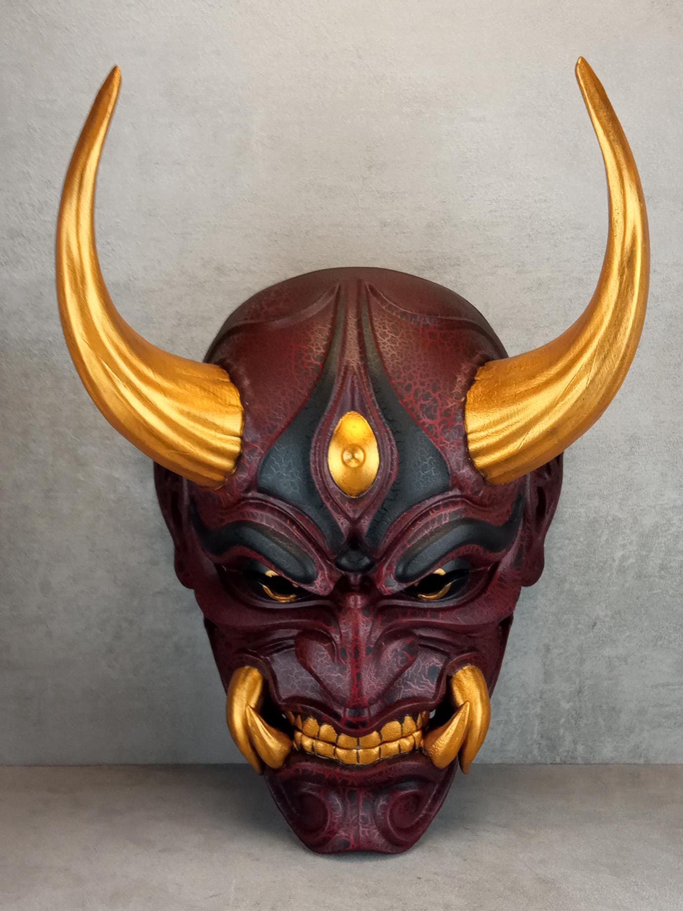 Traditional Japanese Hannya Mask – Cherry Red with Cracks, Large Golden Horns, Fangs & Eyes