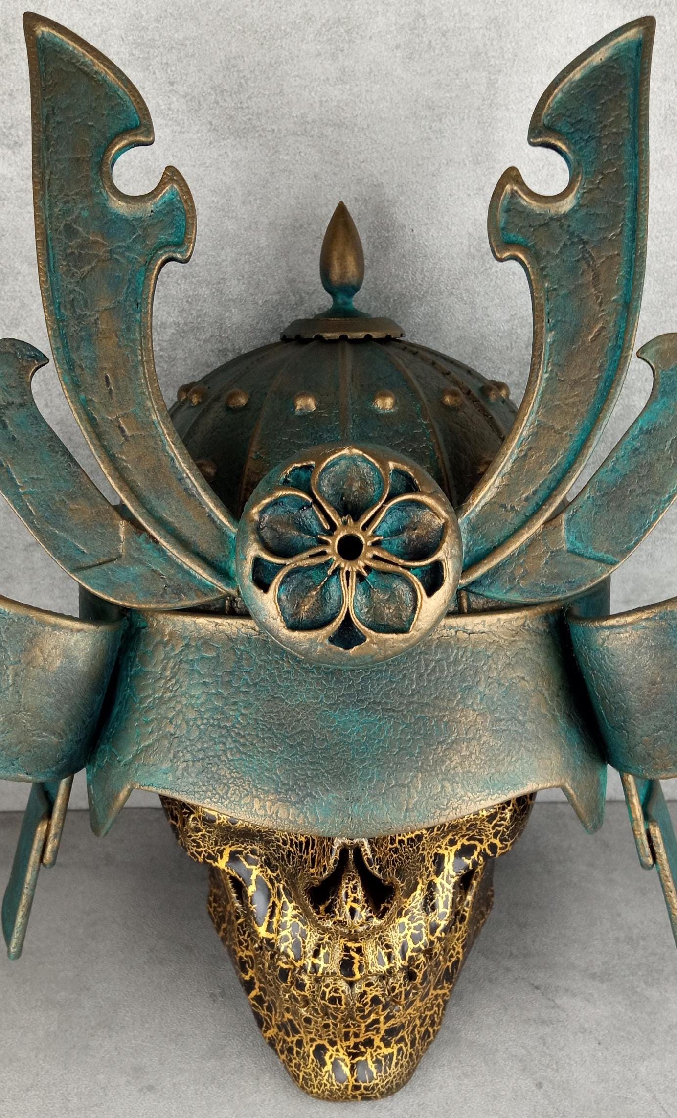 3D Gold Cracked Samurai Skull with Patinated Helmet