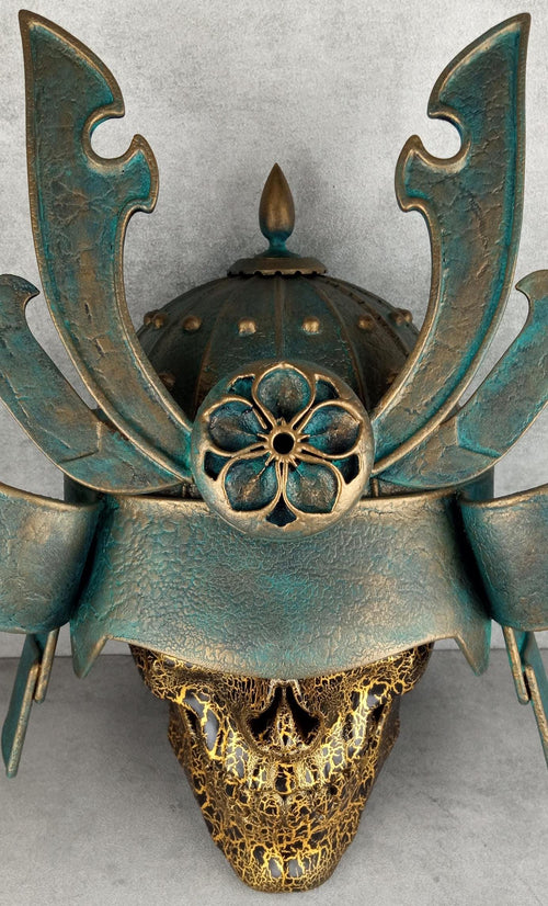 3D Gold Cracked Samurai Skull with Patinated Helmet