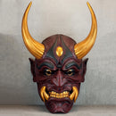 Traditional Japanese Hannya Mask – Cherry Red with Cracks, Large Golden Horns, Fangs & Eyes 
