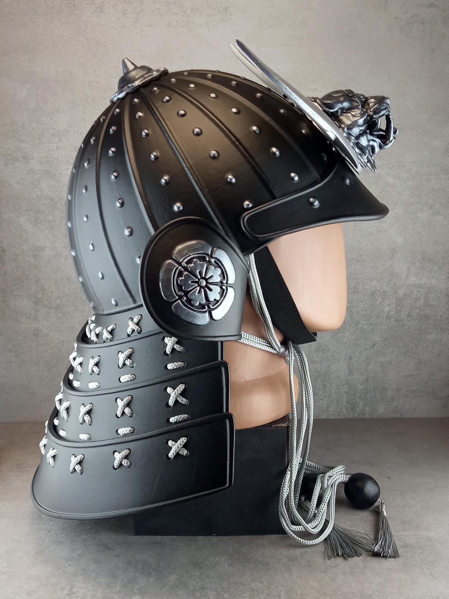 Samurai Kabuto Helmet – Black with Silver Crescent and Oni Tiger Crest | With Half-Mask or Full Somen