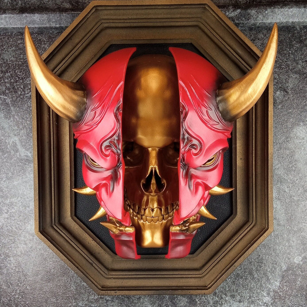 3D Wall Art | Octagonal Frame Hannya Mask Cracked in Half | Red Japanese Demon Mask with Gold Horns, Fangs & Skull Inside | Oni Home Decor