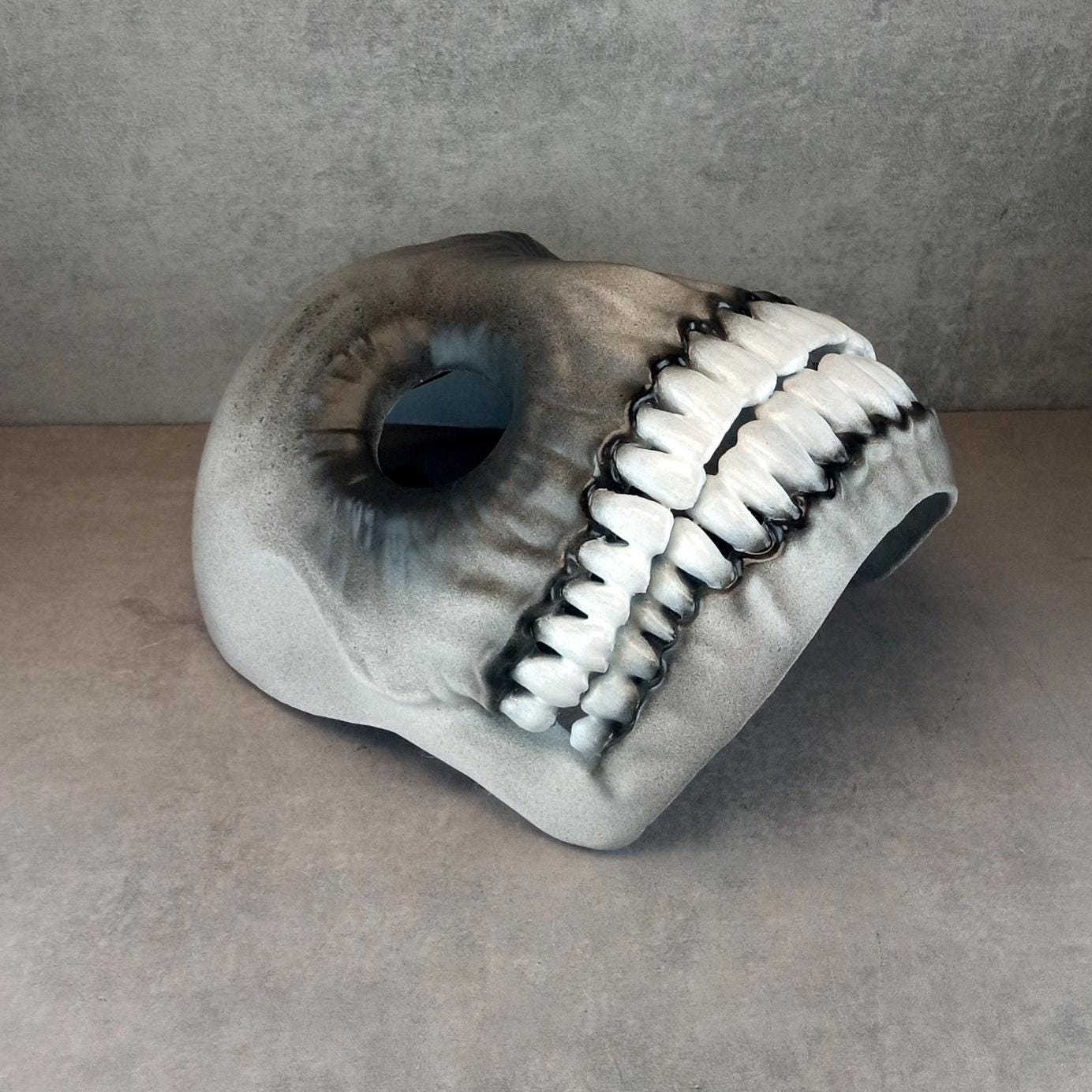 Creepy Grey and Black Smiley Face Mask with Big White-Toothed Grin – Horror Costume Accessory
