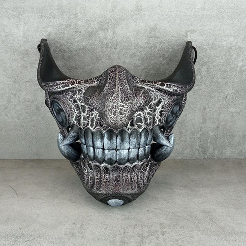Silver-Black Samurai Half Mask with Cracks and Silver Fangs
