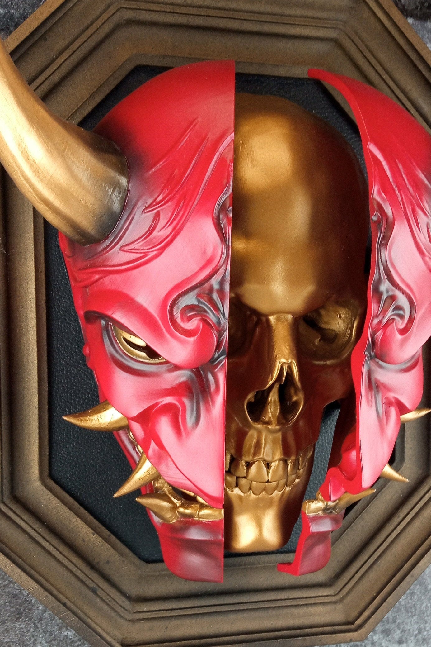 3D Wall Art | Octagonal Frame Hannya Mask Cracked in Half | Red Japanese Demon Mask with Gold Horns, Fangs & Skull Inside | Oni Home Decor