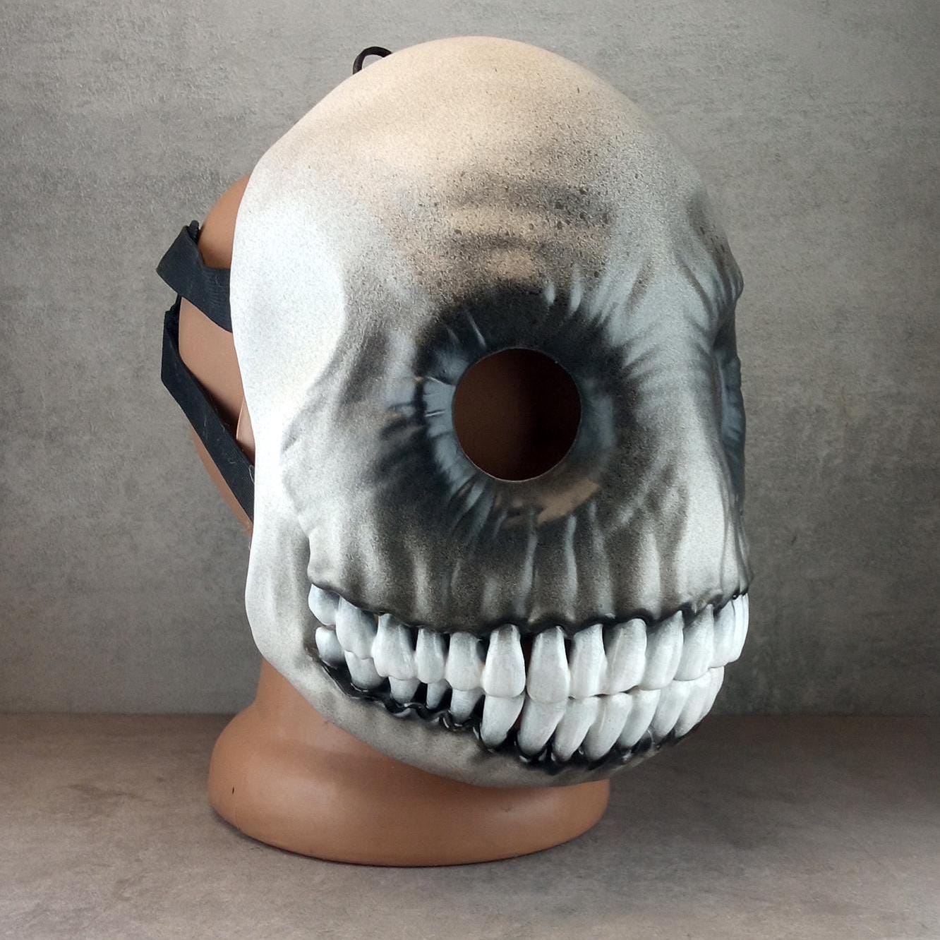 Creepy Grey and Black Smiley Face Mask with Big White-Toothed Grin – Horror Costume Accessory