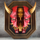3D Wall Art | Octagonal Frame Hannya Mask Cracked in Half | Red Japanese Demon Mask with Gold Horns, Fangs & Skull Inside | Oni Home Decor
