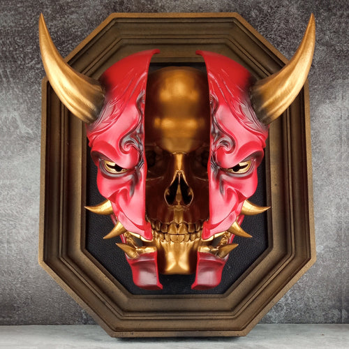 3D Wall Art | Octagonal Frame Hannya Mask Cracked in Half | Red Japanese Demon Mask with Gold Horns, Fangs & Skull Inside | Oni Home Decor