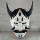 Traditional Hannya Mask - Black and White with Cracked Pattern, Black Hair, Horns and Fangs