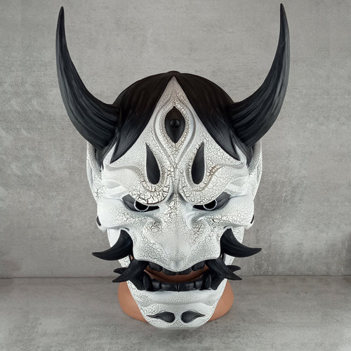 Traditional Hannya Mask - Black and White with Cracked Pattern, Black Hair, Horns and Fangs