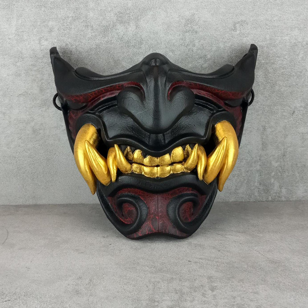Schwarze Samurai-Maske mit goldenen und roten Rissen, traditionelle japanische Hannya-Maske, tragbare Maske, Kabuki-Dämonenmaske, Oni-Maske, Wanddekoration