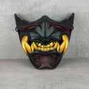 Black and Red Samurai Half Mask with Cracks and 8 Golden Fangs – Wearable Cosplay &amp; Festival Accessory