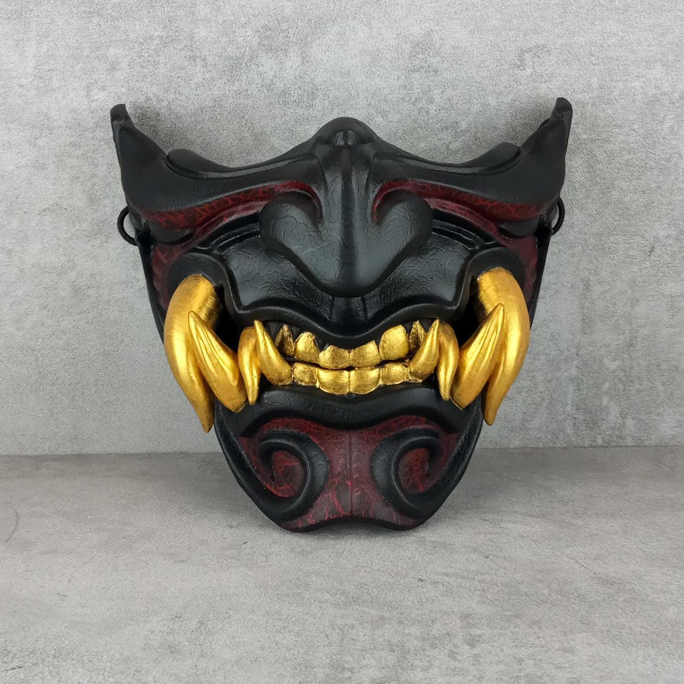 Black and Red Samurai Half Mask with Cracks and 8 Golden Fangs – Wearable Cosplay &amp; Festival Accessory