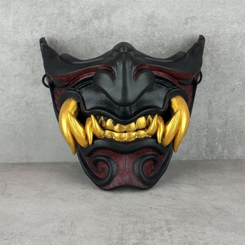 Black and Red Samurai Half Mask with Cracks and 8 Golden Fangs – Wearable Cosplay &amp; Festival Accessory
