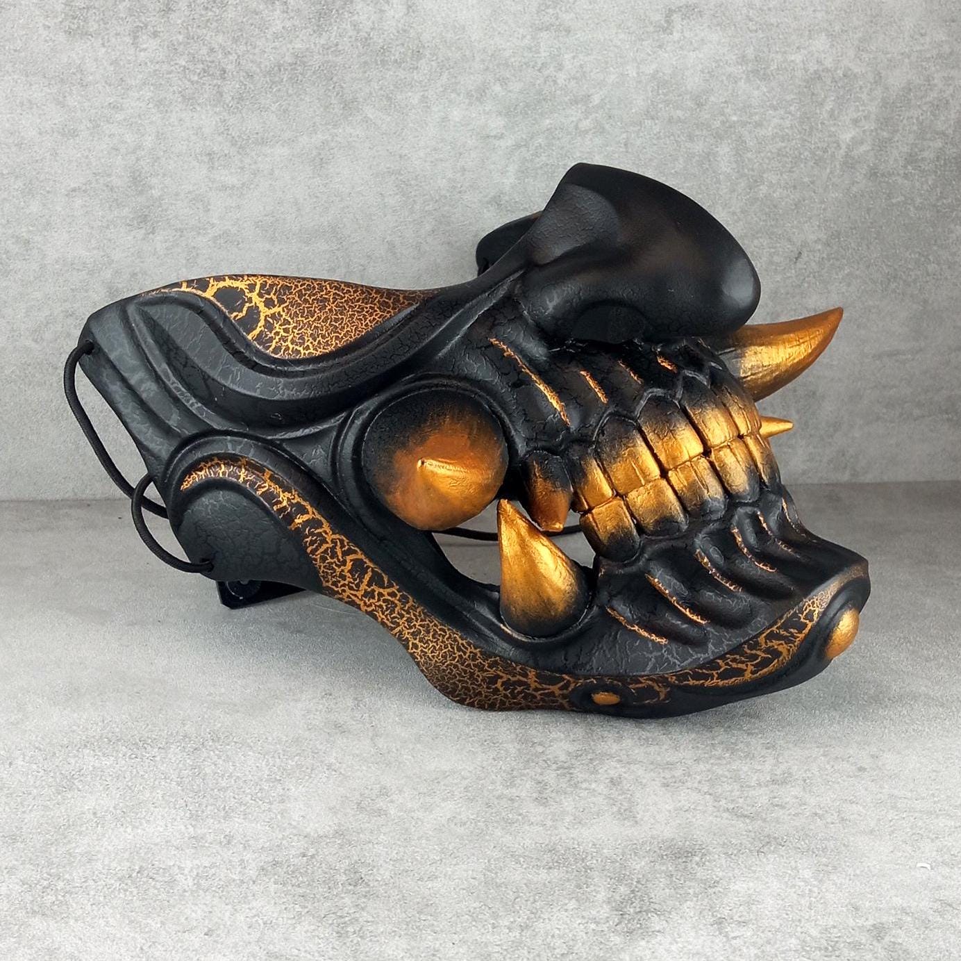 Wearable Samurai Half Mask – Black &amp; Gold with Cracks and Large Golden Fangs