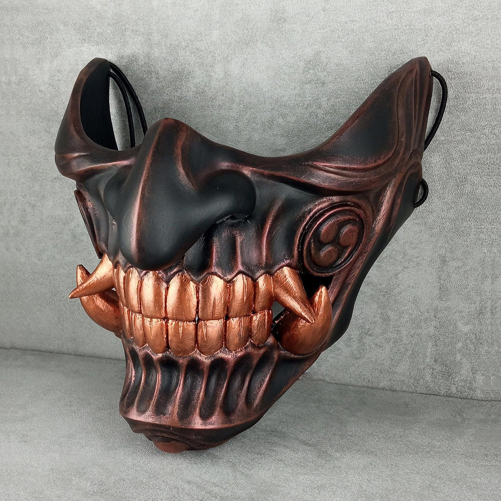 Samurai Half Mask – Black with Copper Accents and Bright Copper Fangs