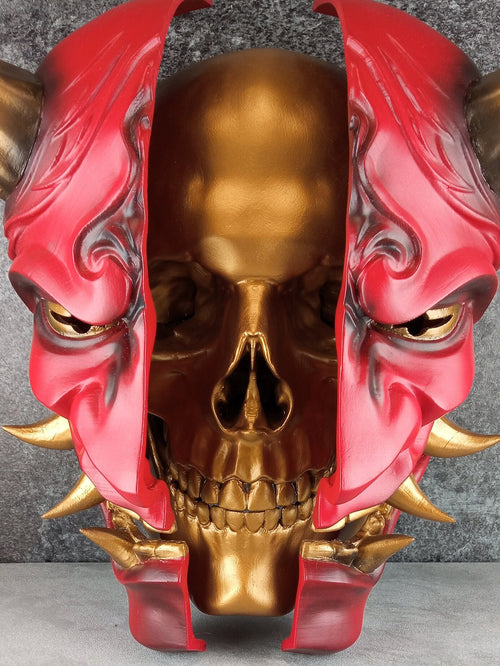 3D Wall Art | Octagonal Frame Hannya Mask Cracked in Half | Red Japanese Demon Mask with Gold Horns, Fangs & Skull Inside | Oni Home Decor