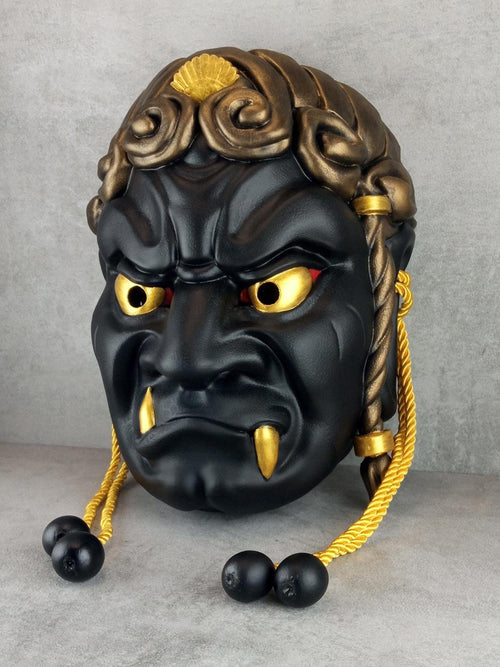 Wearable Traditional Japanese Fudo Demon Mask – Black with Gold Fangs