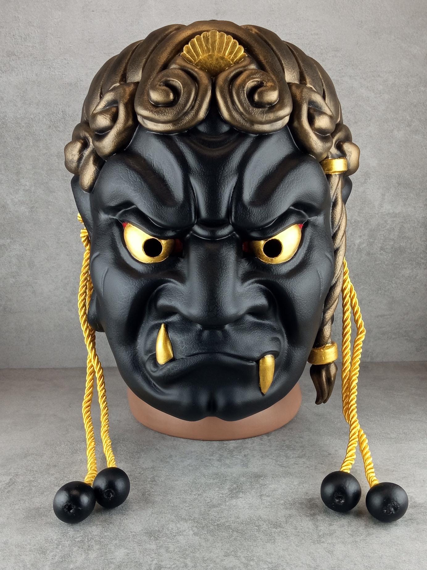 Wearable Traditional Japanese Fudo Demon Mask – Black with Gold Fangs