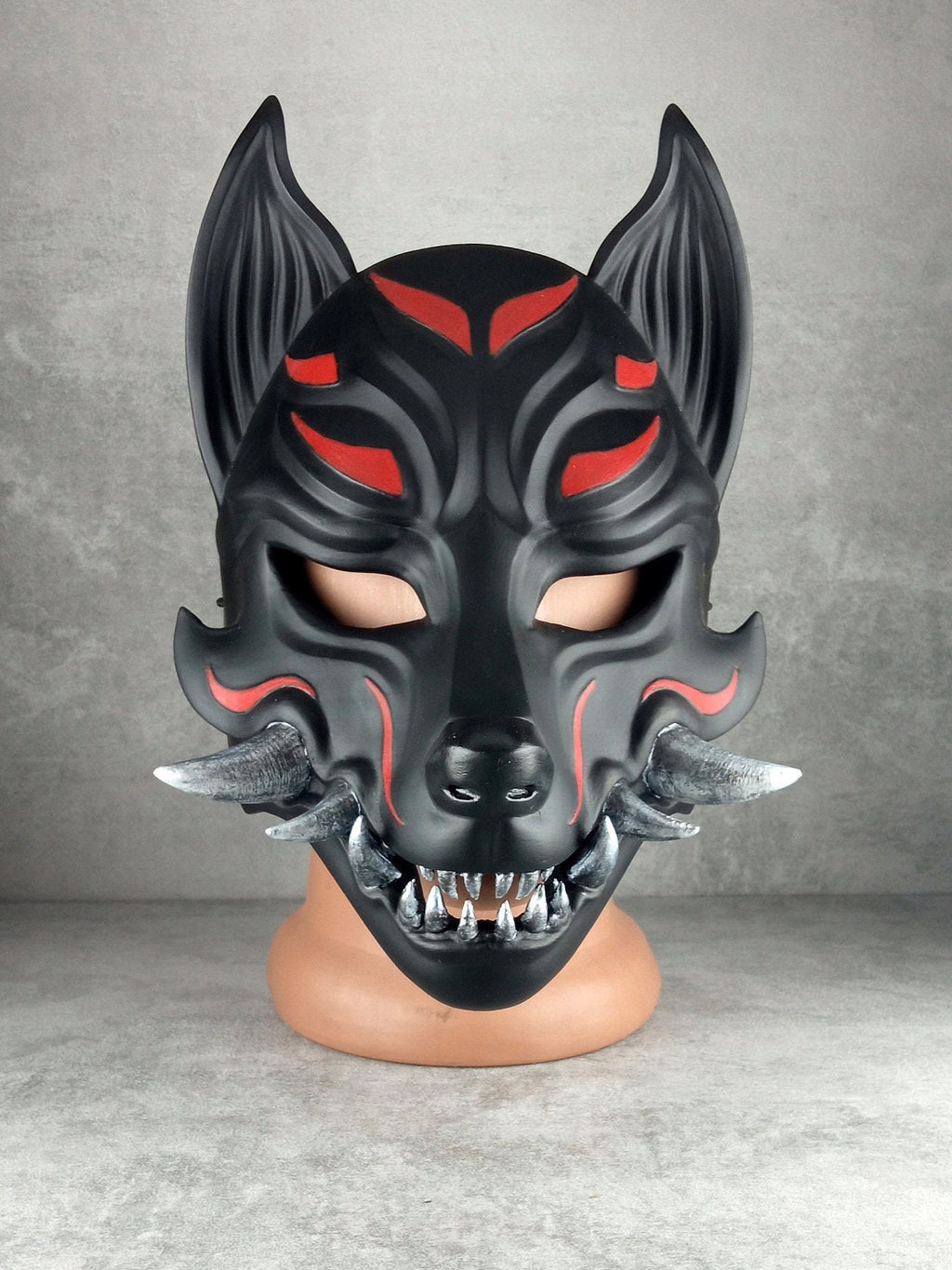 Traditional Japanese Kitsune (Okami) Wearable Mask – Black with Red Design