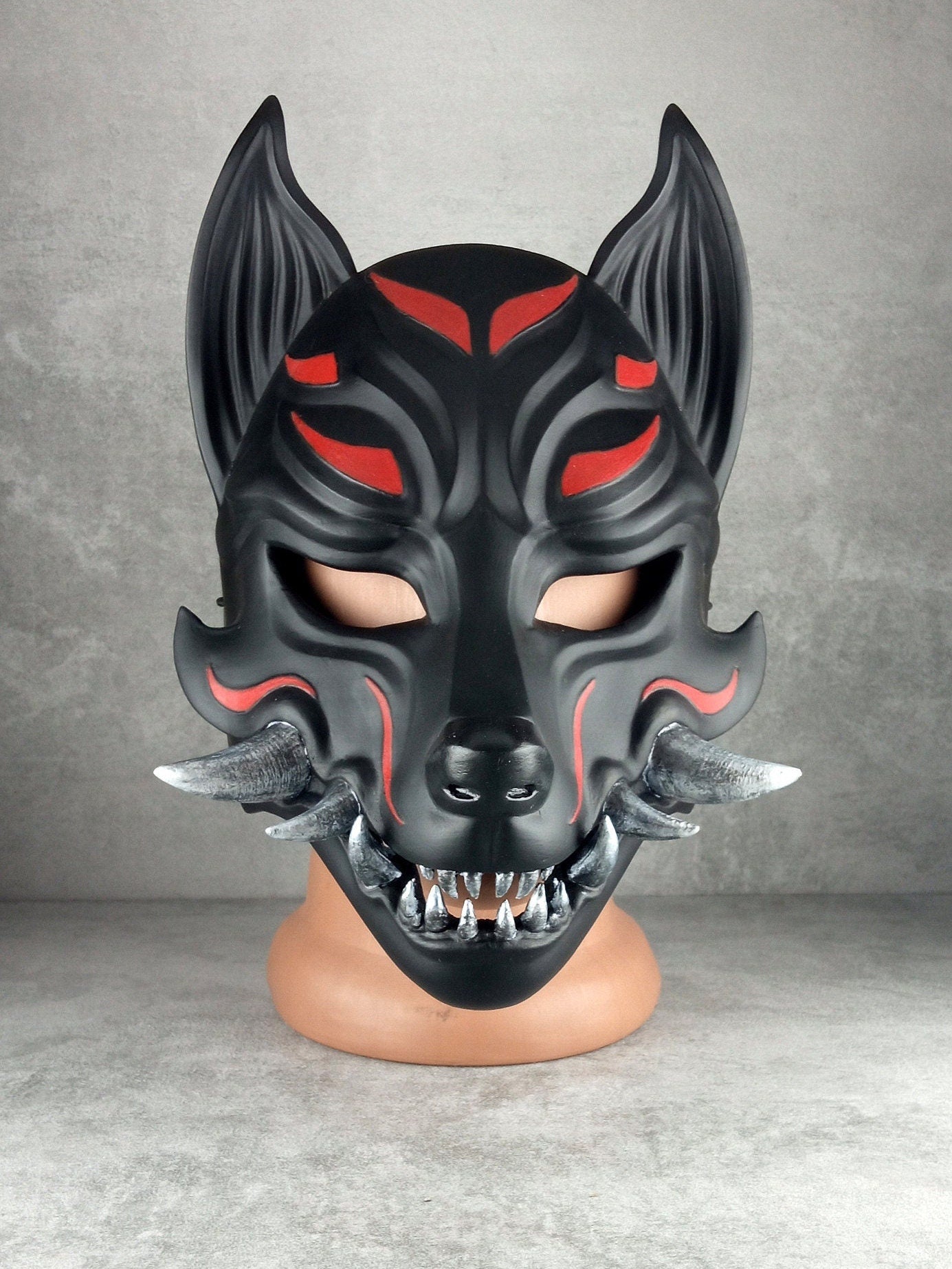 Traditional Japanese Kitsune (Okami) Wearable Mask – Black with Red Design