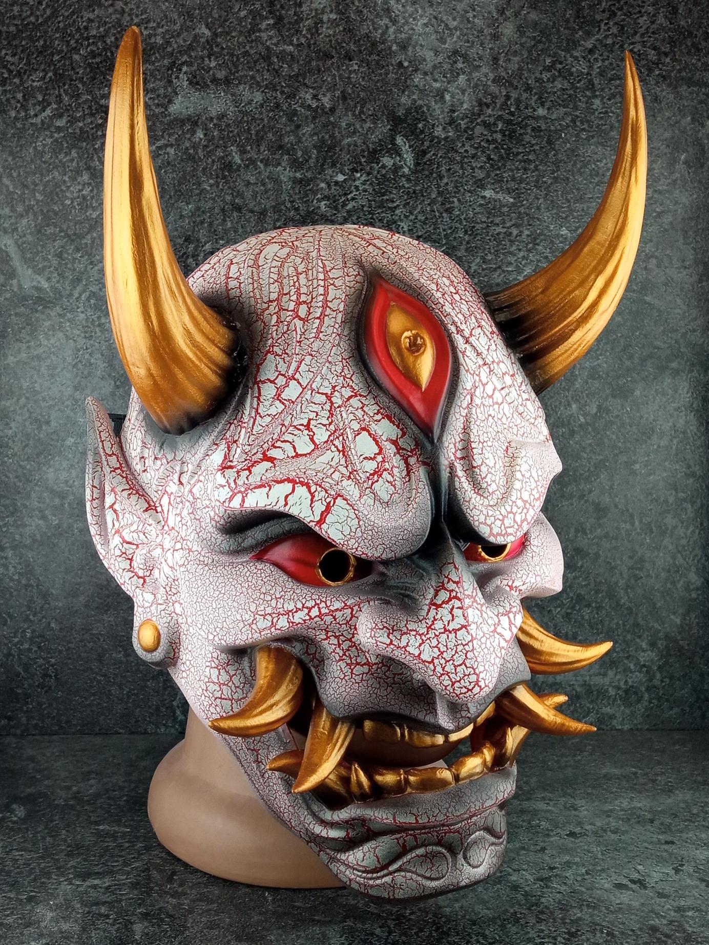 Traditional Japanese Hannya Mask – Red &amp; White Cracked Demon Vampire Style