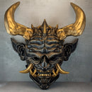 Unique Oni Demon Mask with Large Bronze Horns – Handmade Japanese-Inspired Collectible
