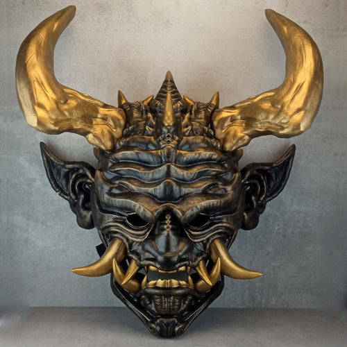 Unique Oni Demon Mask with Large Bronze Horns – Handmade Japanese-Inspired Collectible
