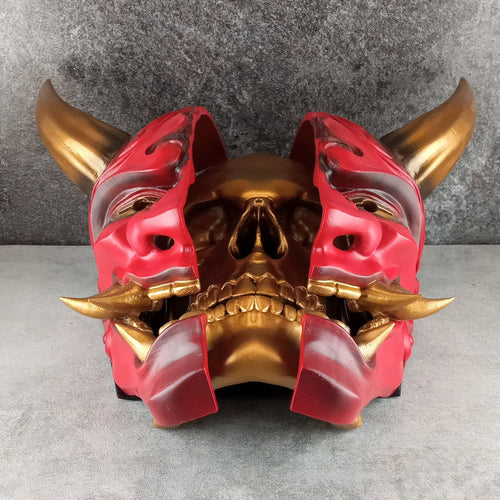 3D Wall Art | Octagonal Frame Hannya Mask Cracked in Half | Red Japanese Demon Mask with Gold Horns, Fangs & Skull Inside | Oni Home Decor
