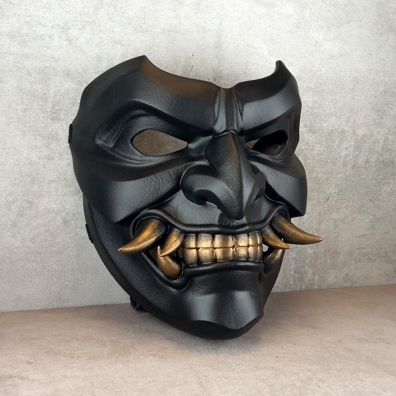 Black Samurai Somen Mask with Bronze Fangs – Japanese Warrior Armor Mask