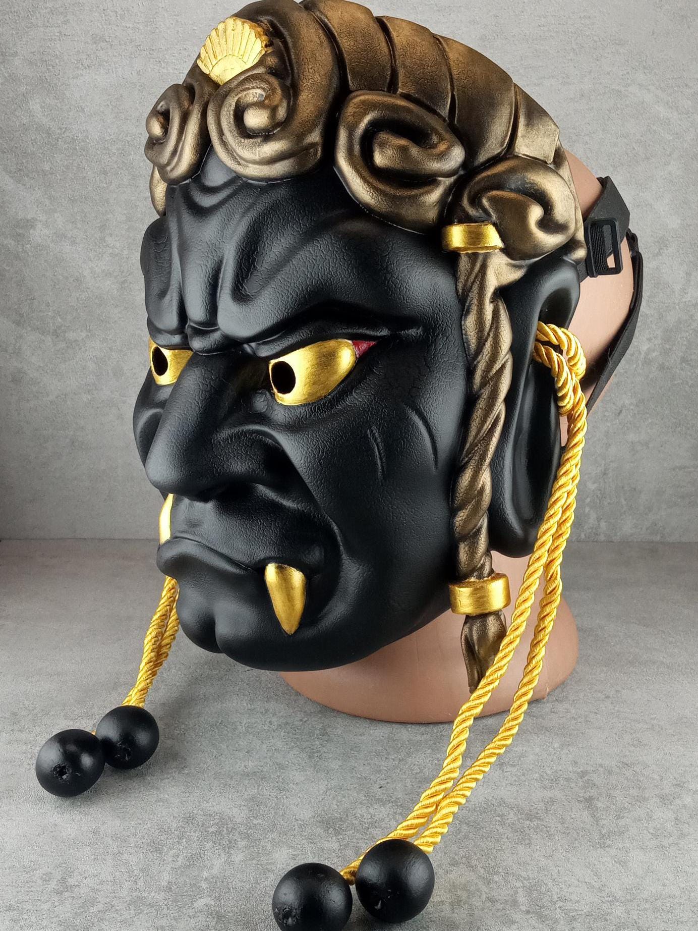 Wearable Traditional Japanese Fudo Demon Mask – Black with Gold Fangs