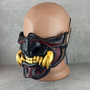 Black and Red Samurai Half Mask with Cracks and 8 Golden Fangs – Wearable Cosplay &amp; Festival Accessory