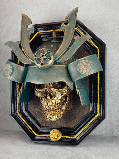 3D Gold Cracked Samurai Skull with Patinated Helmet