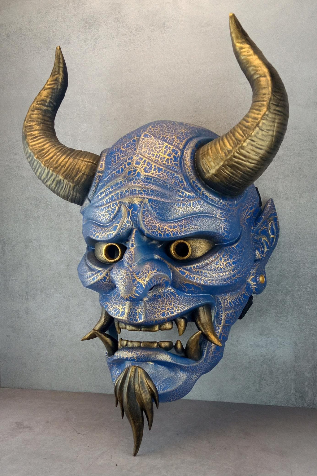 Hannya Mask "River Demon" – Blue with Gold Cracks, Curved Horns & Beard