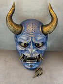 Hannya Mask "River Demon" – Blue with Gold Cracks, Curved Horns & Beard