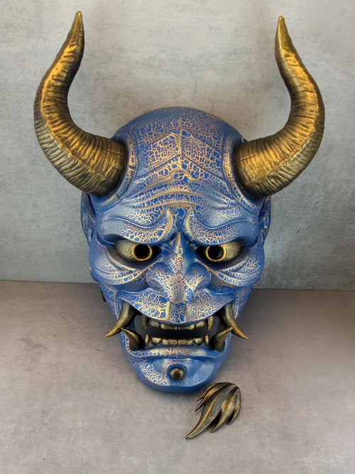Hannya Mask "River Demon" – Blue with Gold Cracks, Curved Horns & Beard