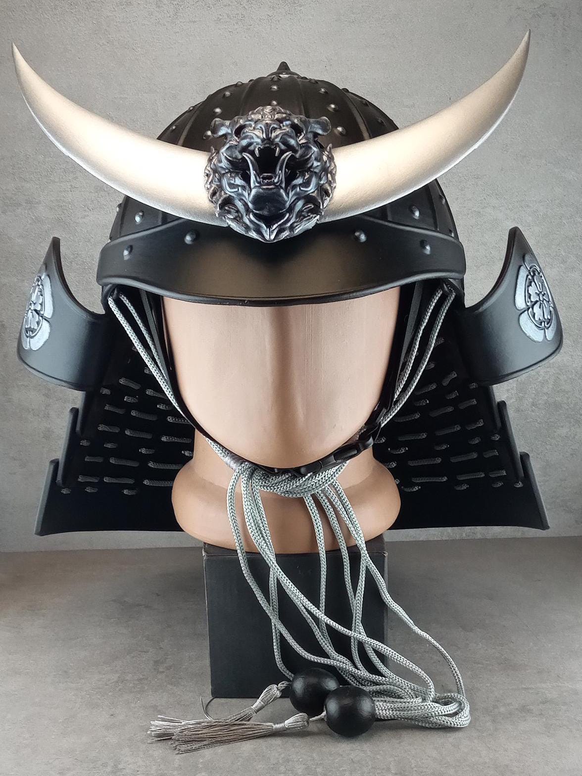Samurai Kabuto Helmet – Black with Silver Crescent and Oni Tiger Crest | With Half-Mask or Full Somen