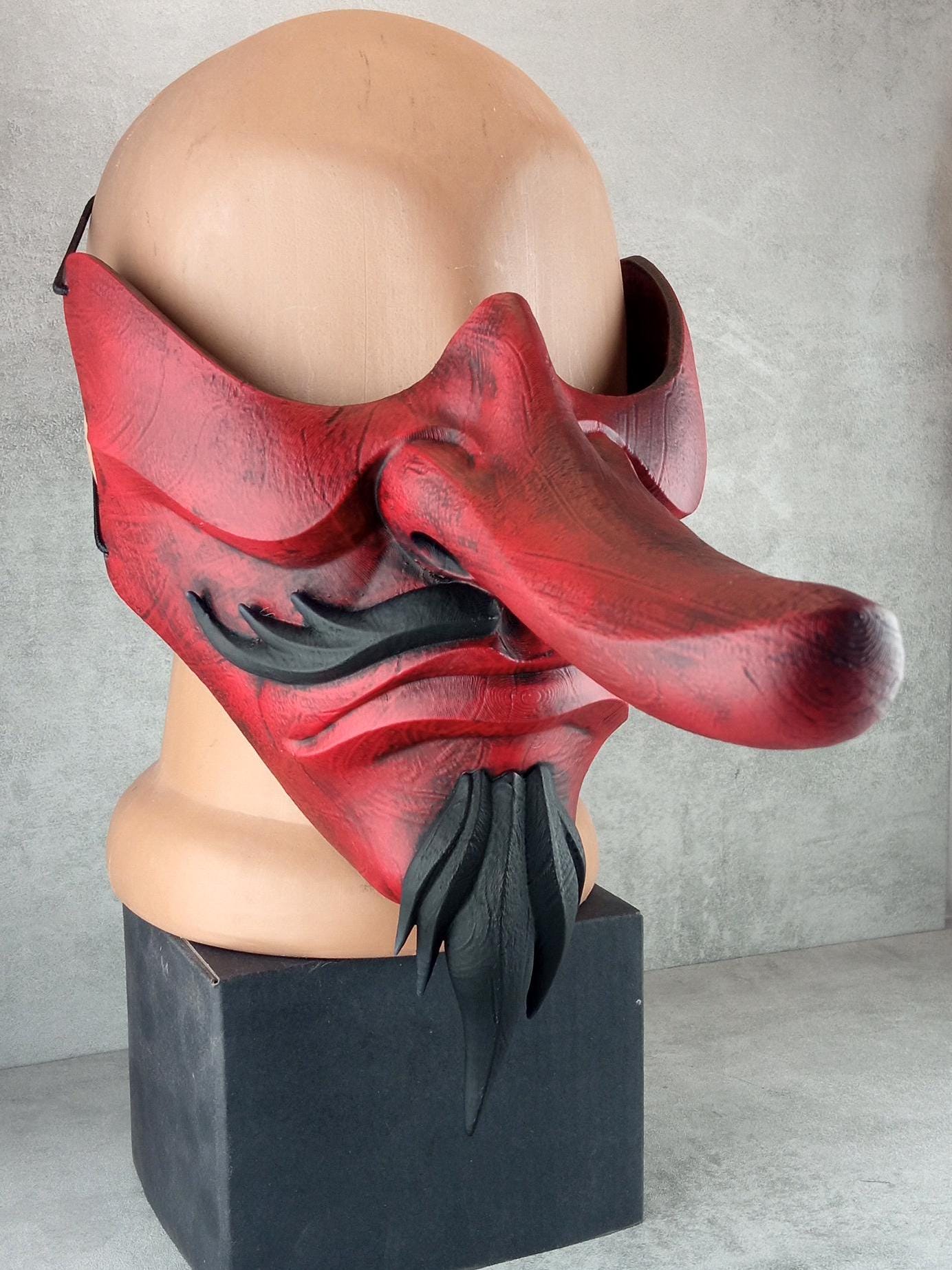 Traditional Japanese Wearable Tengu Half Mask – Red with Black Beard and Mustache